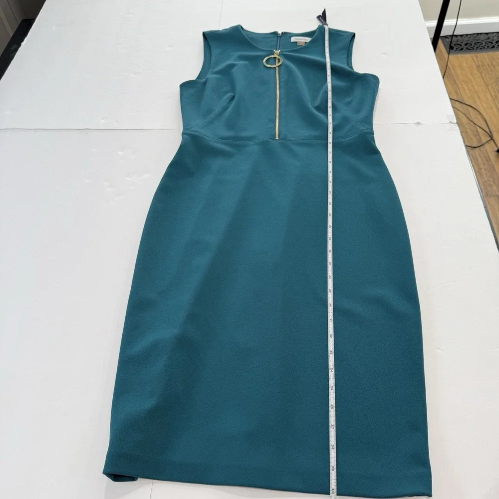 Calvin Klein Teal Sleeveless Stretch Crepe Front Zip Sheath Dress Size‎ 10
